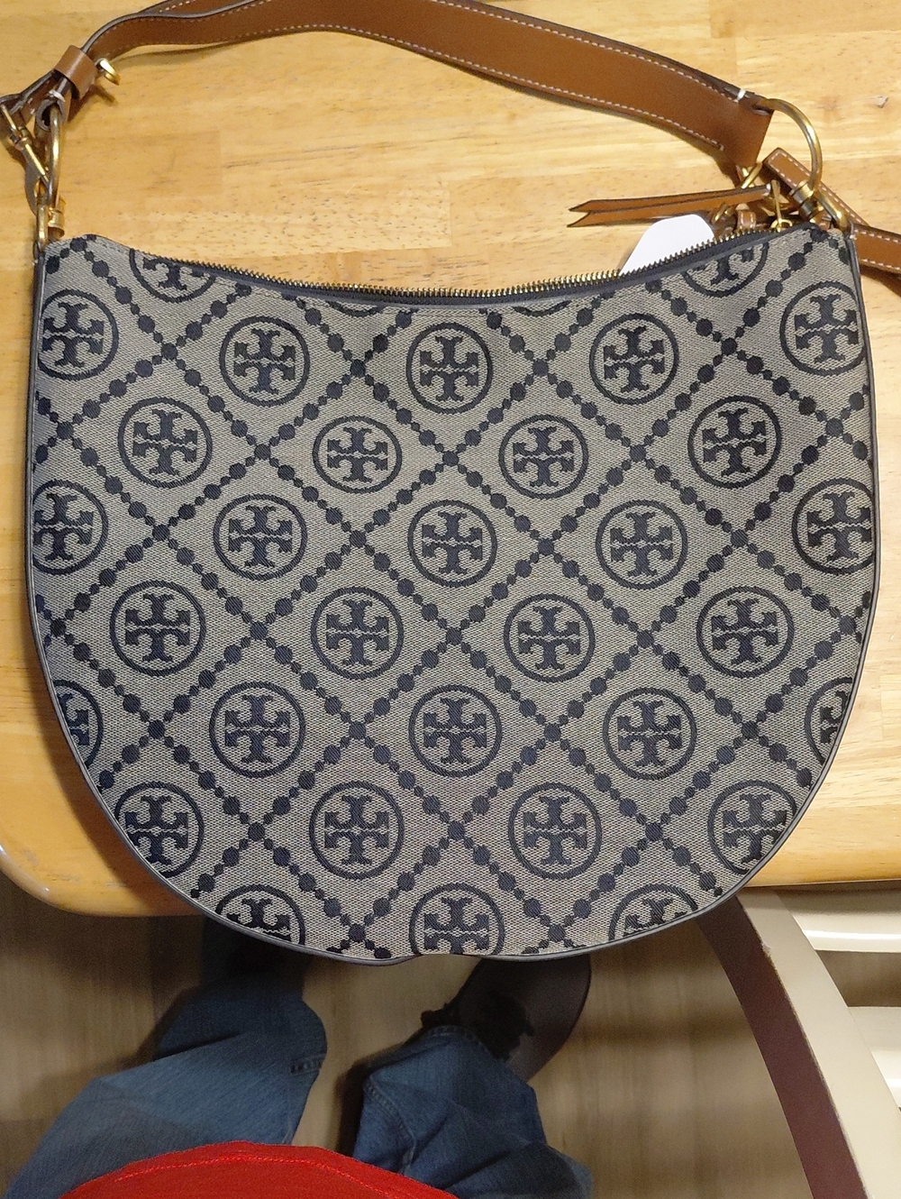 Tory Burch Tan and Black Logo Crescent Shoulder Bag